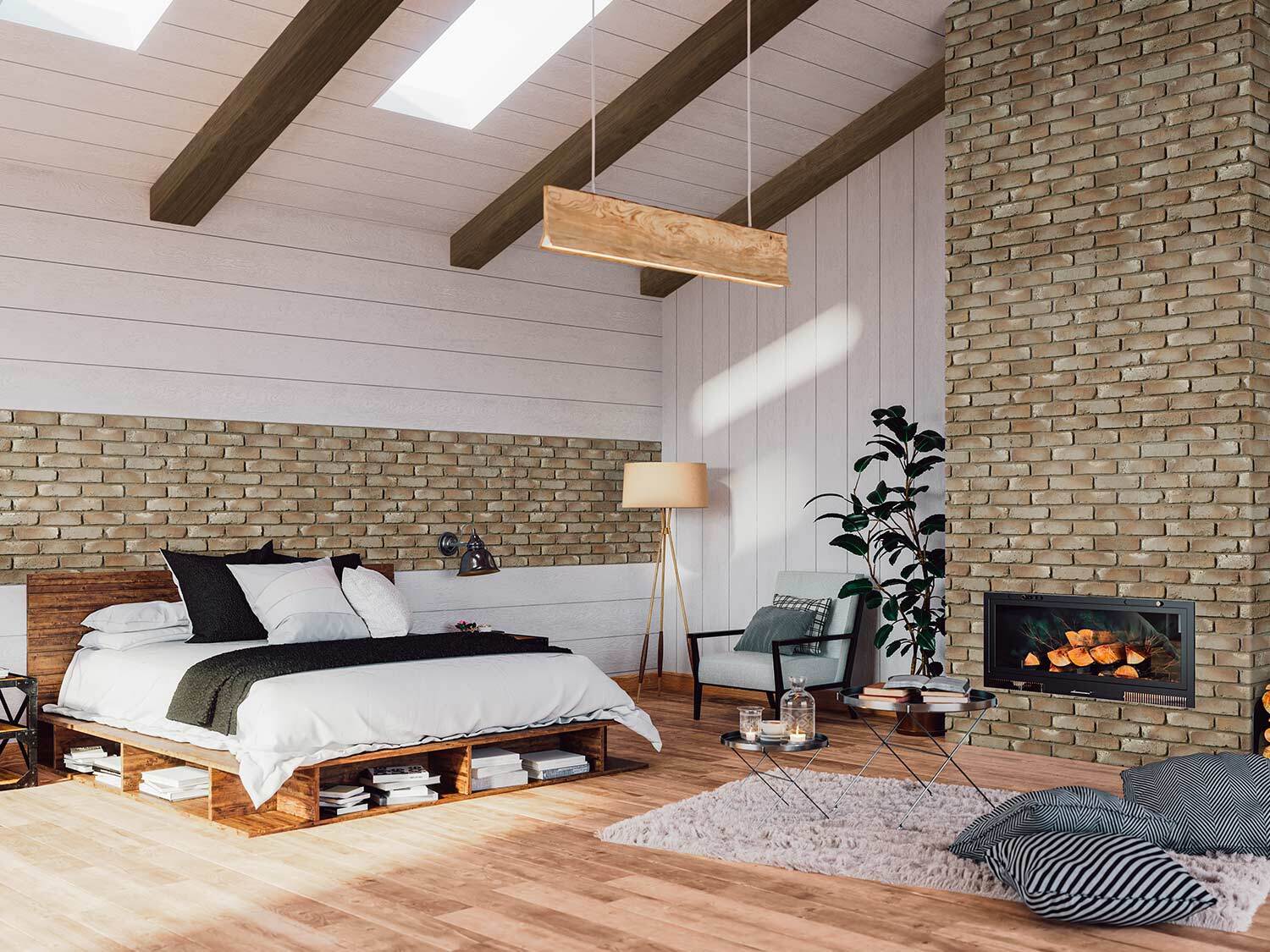 Old Barn Faux Wood Beams in Burnished and Rustic Faux Brick Panels in Mountain Gray