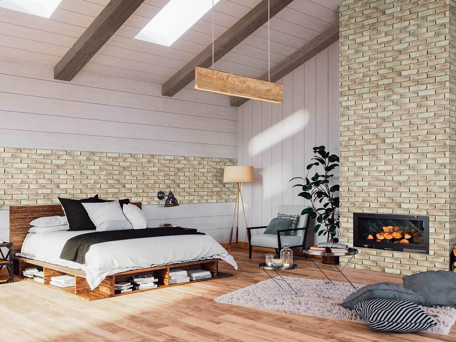 Old Barn Faux Wood Beams in Brunette and Rustic Faux Brick Wall Panels in Caramel Bluff