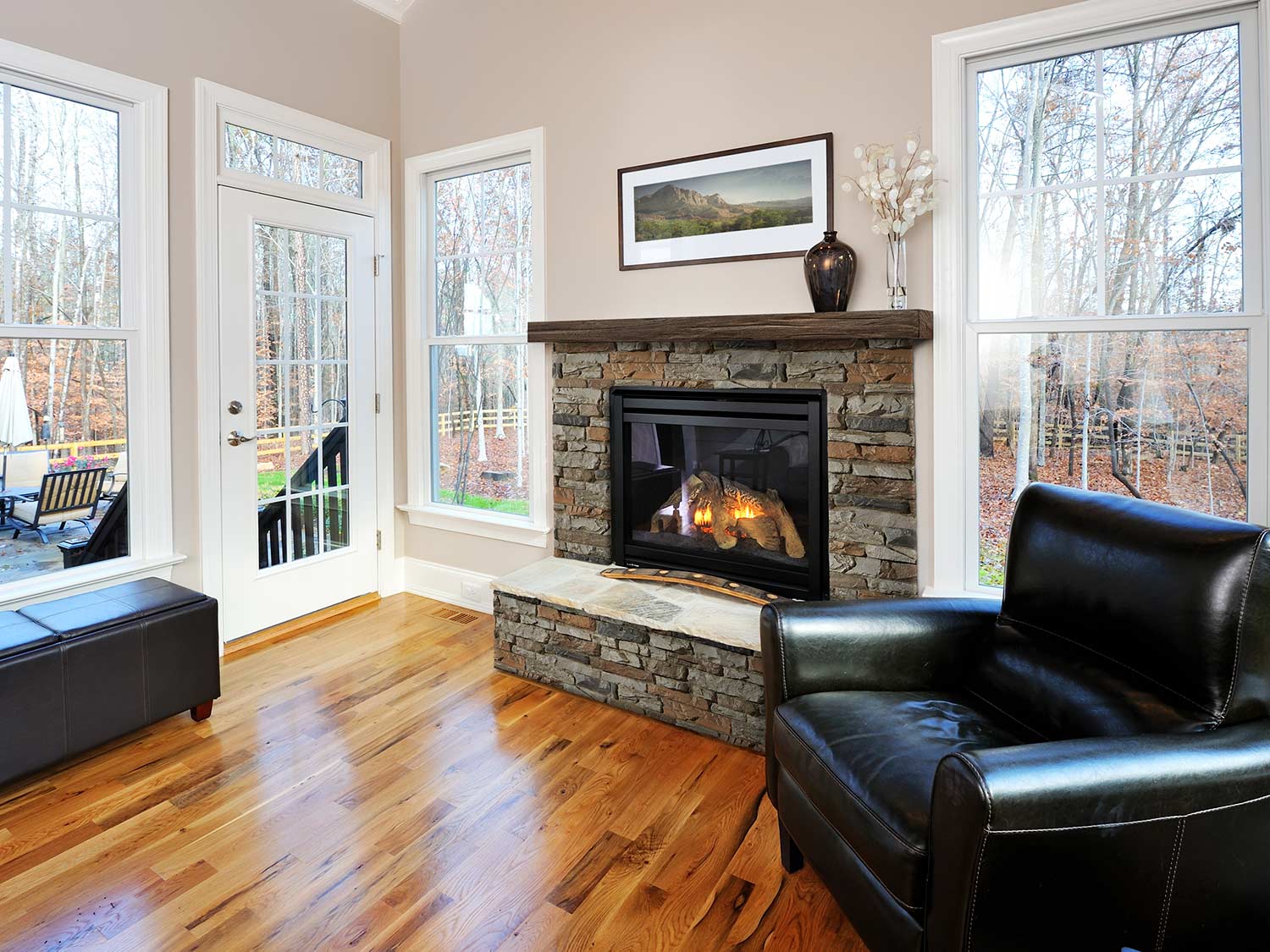 Montana dry stack faux stone on a fireplace