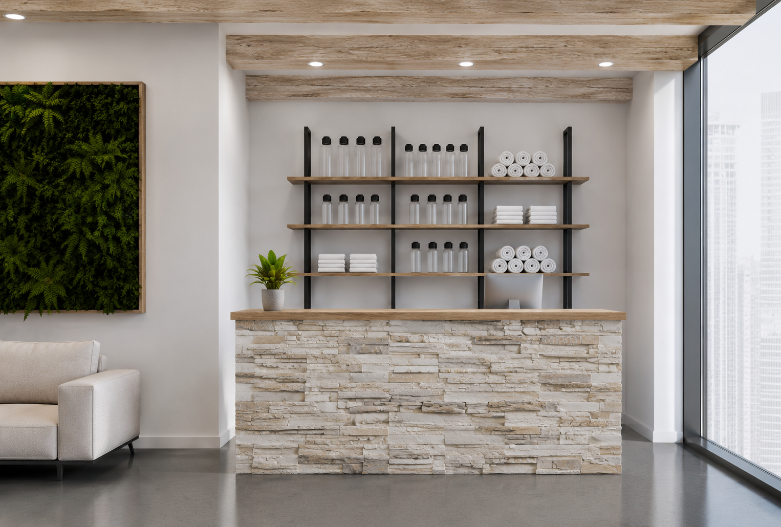 Heirloom Faux Wood Beams in Campfire Cream and Sedona Dry Stack Faux Stone Wall Panels in Shore Stone