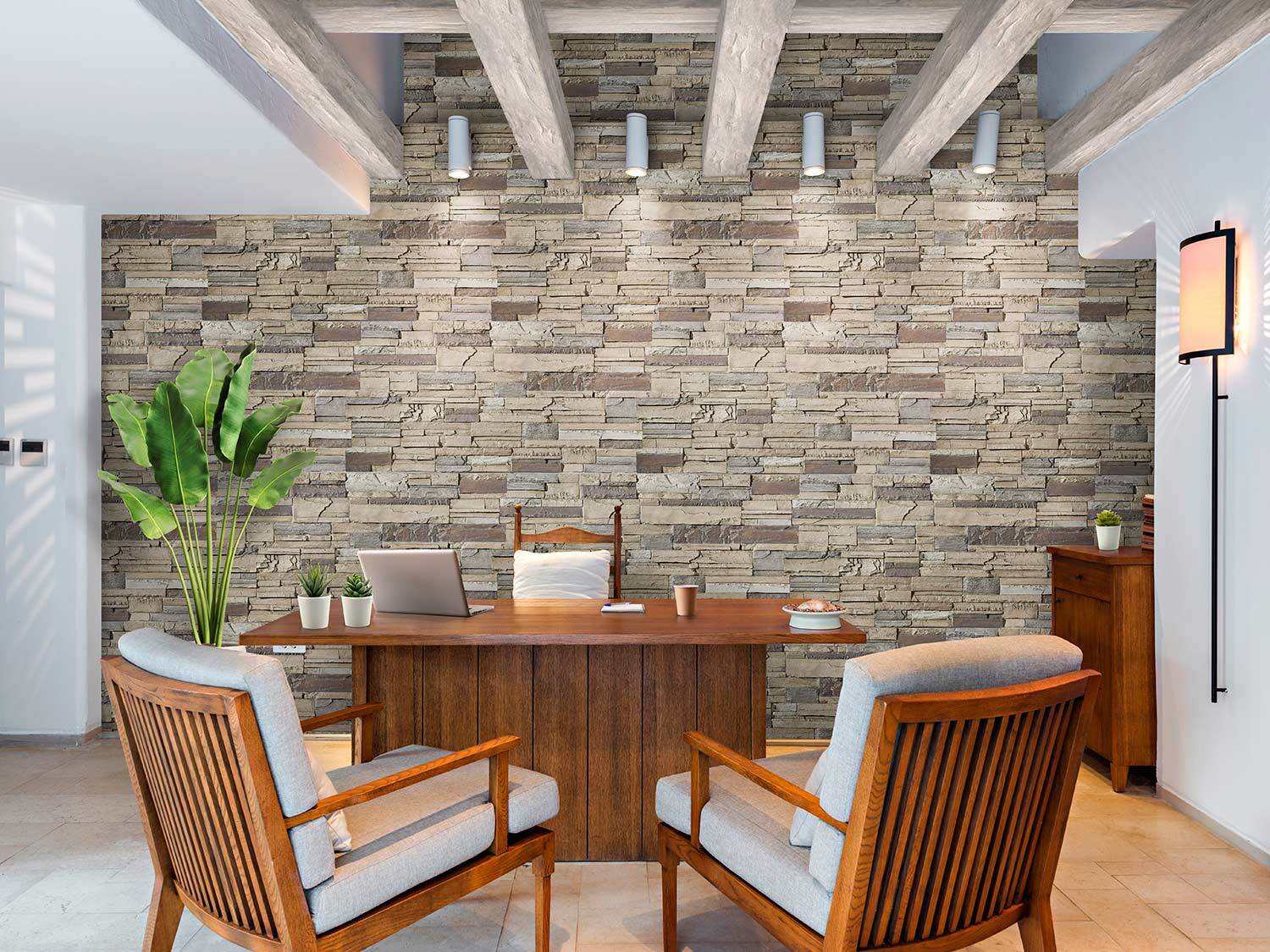 Magnolia Faux Wood Beams in Campfire Cream and Lexington Dry Stack Faux Stone Wall Panels in Beach Bluff