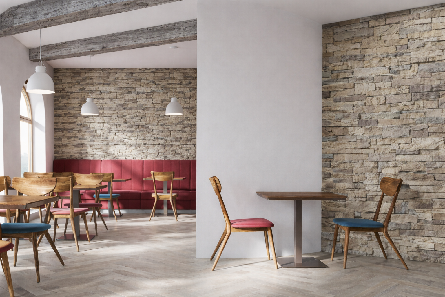 Magnolia Faux Wood Beams in Misty Harbor and Denver Dry Stack Faux Stone Wall Panels in Beach Bluff