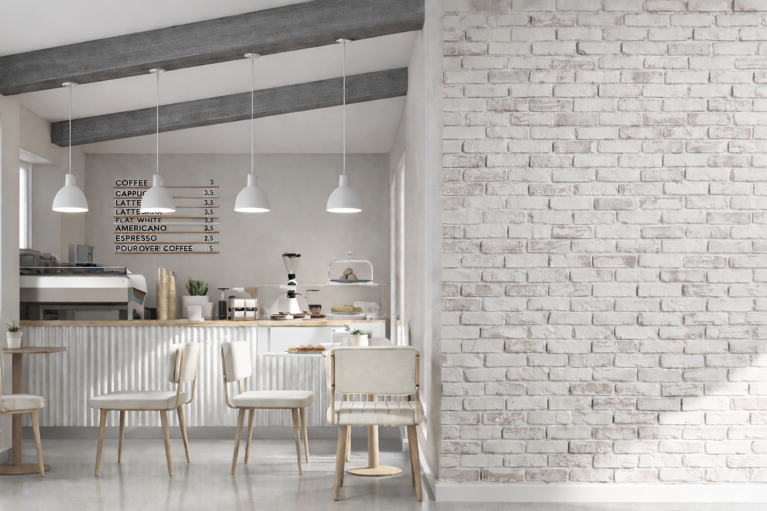 Old Medford Whitewash Faux Brick Panels and Old Barn Faux Wood Beams in Misty Harbor